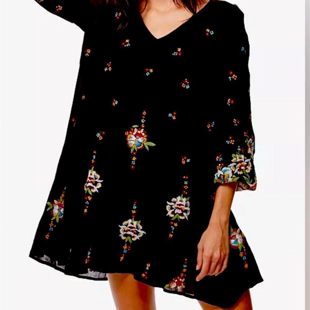 Free People Black Embroidered Baby Doll Dress  size S